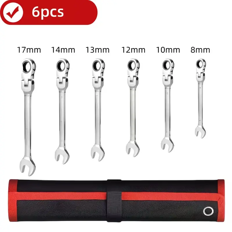 6PCS Flexible Combination Wrenches Set (8-17mm) - 72-Tooth 180° Rotation Flex-Head Ratcheting Wrenches, Chrome Vanadium Steel Heavy Duty Multifunctional Spanner Kit with Roll-Up Pouch for Automotive Users & Pipeline Repair