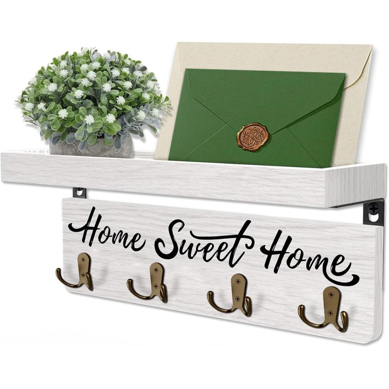 Wall-Mounted Key and Mail Holder, Wooden Key Rack with 4 Double Key Hooks, Rustic Home Decor for Entryway(White) Metal Shelves Decorative Farmhouse