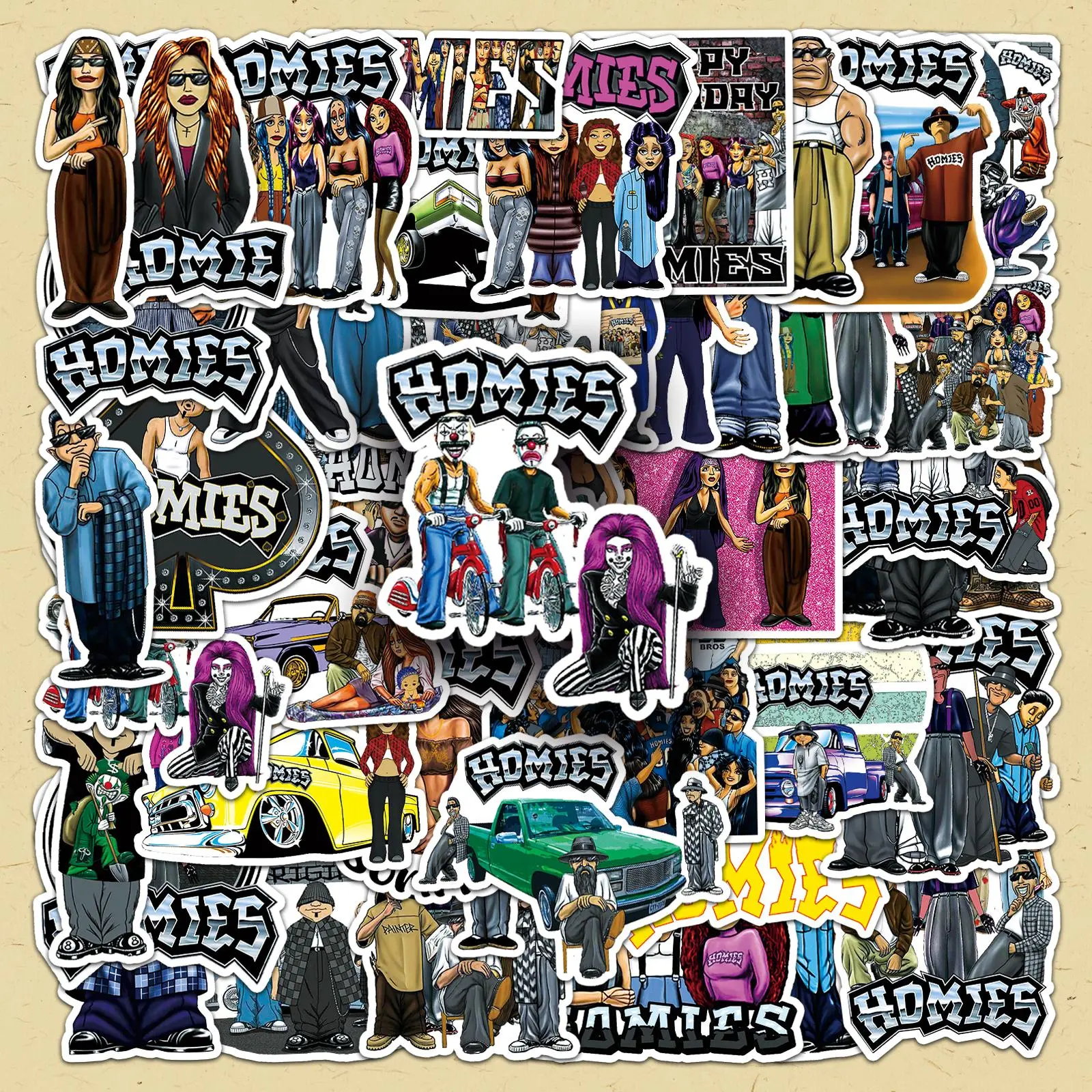 Homies Sticker, 50pcs/set Trendy Cool Self-adhesive Graffiti Sticker, DIY Decorative Decals for Cellphone Phone Case, Motorcycle, Scrapbooking & Stamping, Phone Decoration