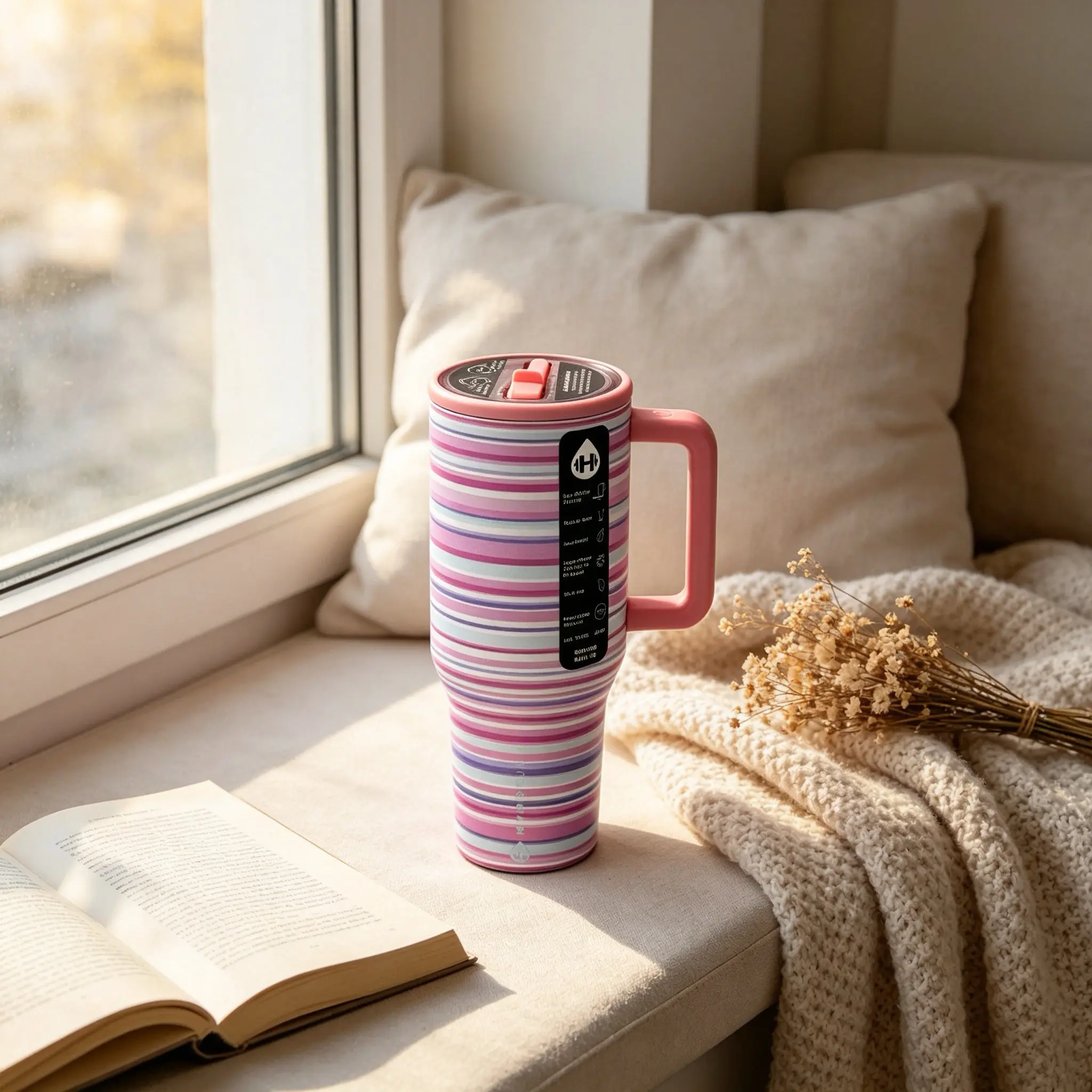 HydroJug 40oz Stainless Steel Tumbler, Light Pink Striped Print, Wide Comfort Easy-Grip Handle, Matching Pink Straw Lid, Leak-Proof, Up To 24 Hour Cold Retention, Portable Water Bottle for Camping, Office and Car Use