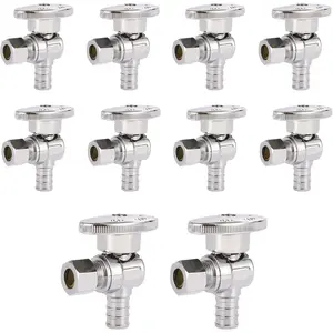 1/2" Pex x 3/8" OD Compression Angle Stop Valve, 10 Pack 1/4 Turn Pex B Angle Valves,  Shut Off Valve, Heavy Duty  Brass for Toilet Bidet, Sink, Washing Machine