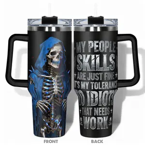 1pc Stainless Steel Vacuum Insulated Cup 40oz/30oz/22oz/20oz/14oz Water Bottle, Insulated Tumbler, Funny Design With Grim Reaper Skeleton My People Skills Quote Double-layer insulation Leakproof Large Capacity, Needed for Gym, Hiking, Travel Ideal