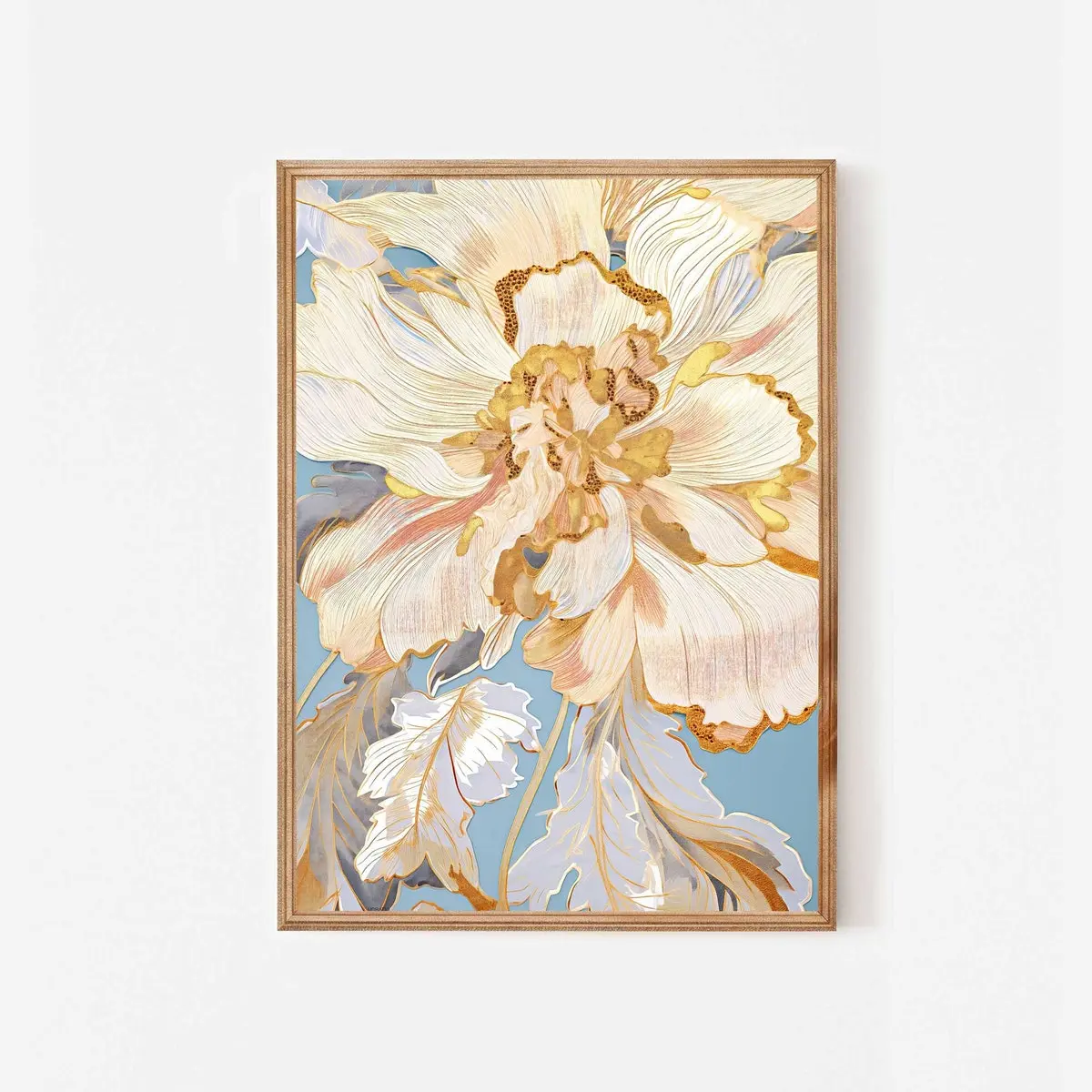 Peony flower painting, Watercolour with gold accents cream and blue, Printable luxurious botanical wall decor, Modern large designer Unframed