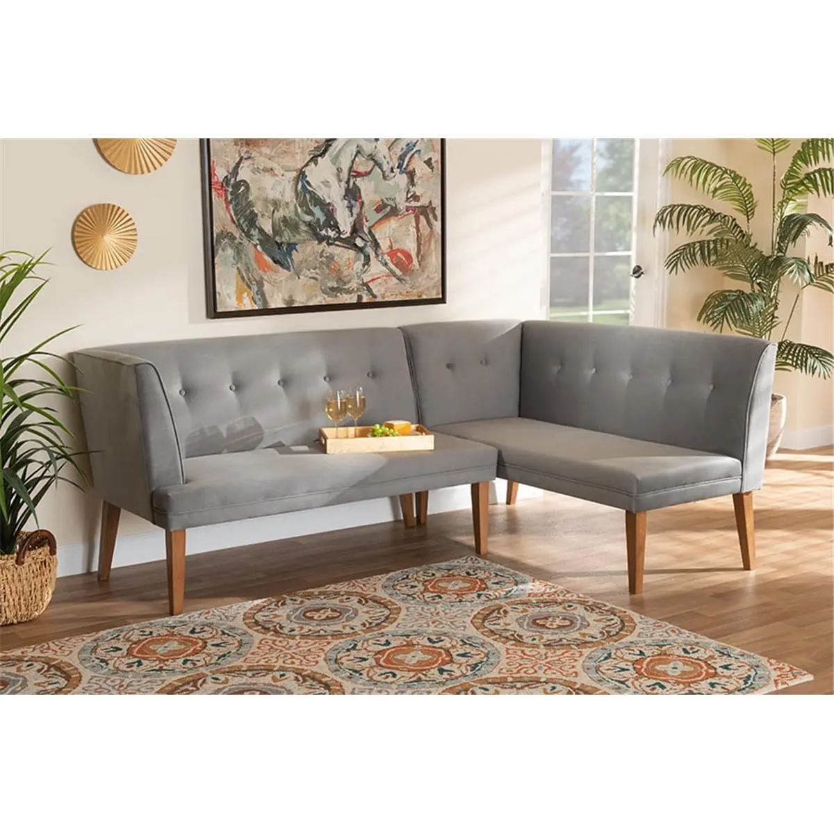 Stewart 2-Piece Mid-Century Modern Velvet Fabric Button-Tufted Wood Corner Dining Nook Banquette Set with Multiple Seats, Grey & Walnut Brown (Baxton Studio Collection), 47.20 X 20.10 X 16.70 In, Angled Legs, Dining Room