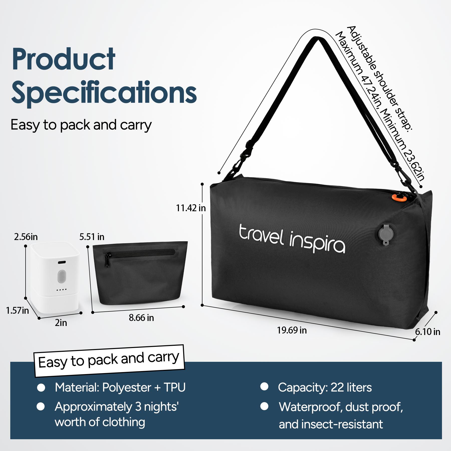 travel inspira Ultra-Durable Nylon 22L Vacuum Travel Bags with Pump Space Saver Compression Solution for Suitcases & Backpacks, Reusable, Lightweight, IP67 Airtight Zipper Seal ,Travel Hacks