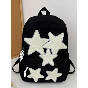 Unisex Preppy Style Star Patched Backpack, Casual Lightweight Large Capacity Backpack, Fashionable Classic Backpack for Daily, Travel, College Use