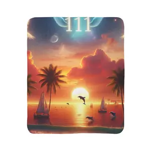 Sherpa Fleece Blanket 1111 "Serene Paradise: A 1111 Angel Numbered Tropical Escape" -  with Tropical Beach Sunset, Palm Trees, Dolphins, and Sailboats