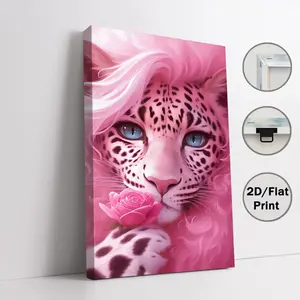 2D flat high-definition canvas wall art—accurate colors, moisture-resistant and wear-resistant, easy installation. Posters featuring a pink leopard eye and roses. Soft, elegant wild-style canvas wall art for room decor with a girly vibe, living room accen