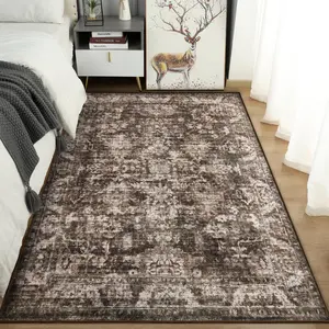 Machine Washable Vintage Area Rug - Non Slip & Ultra Soft Low Pile Carpet | Abstract Gray Foldable Accent Rug for Living Room, Bedroom, Kitchen