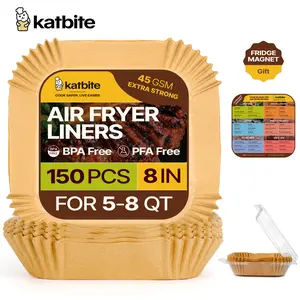 Katbite Air Fryer Liners Disposable,150Pcs Parchment Paper,8 Inch Square Non Stick Parchment Paper Liners,Unbleached Air Fryer Paper for 5 to 8 Qt Basket, 45GSM Thick, Oil Proof, Waterproof, Heat Resistant up to 428°F,for Baking,Roasting,Frying,Cooking