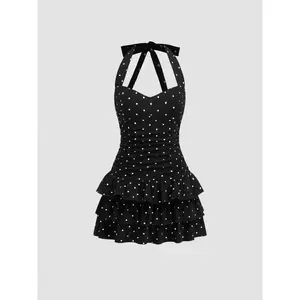 Cider Cotton-blend Halter Neckline Polka Dot Ruched Layered Mini Dress
