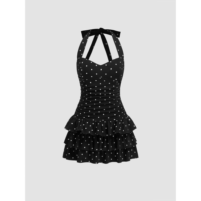 Cider Cotton-blend Halter Neckline Polka Dot Ruched Layered Mini Dress