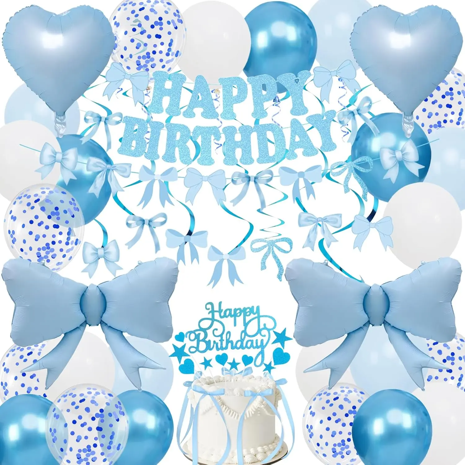 Blue Bow Birthday Decorations, Happy Birthday Banner Garland and Hanging Swirls, 28Pcs Balloons, Cake Toppers, Bow Themed Party Decorations for Girls Women