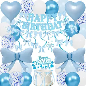 Blue Bow Birthday Decorations, Happy Birthday Banner Garland and Hanging Swirls, 28Pcs Balloons, Cake Toppers, Bow Themed Party Decorations for Girls Women