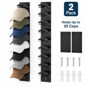 2 Pack Wall Mounted Hat Organizer, Baseball Cap Rack with Adhesive and Screw Mount, 10-Layer Hat Holder Each, Holds Up to 20 Caps, Hat Display Storage for Closet, Door, Bedroom, Entryway