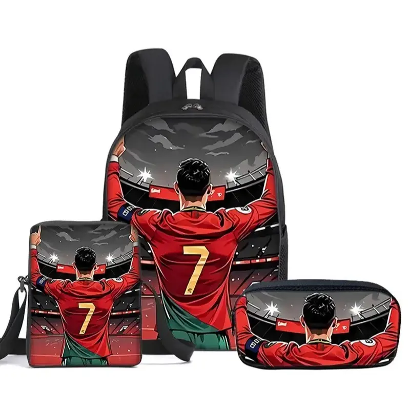 Football Star Print 16-Inch 3-Piece Casual Daypack Set for Fans, includes a single-layer backpack, small shoulder bag, and single-layer pencil case