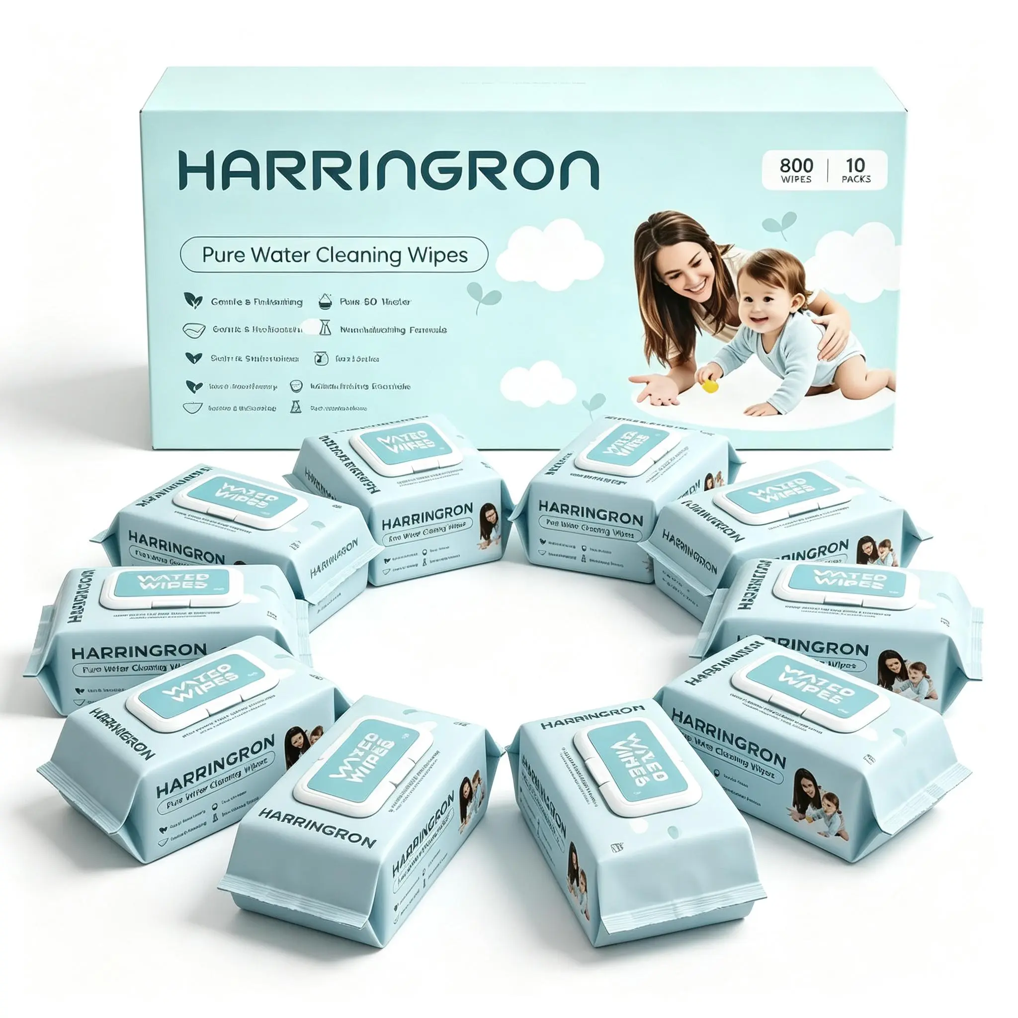 Sensitive Skin Baby Wipes, 99% Water-Based, Odorless, Alcohol-Free, 10 Flip-Top Bags (800 Total) - Suitable for Newborns, Versatile for Hands, Face, Body