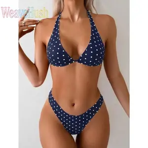 Women's Two-Piece Polka Dot Bikini Swimsuit, Trendy Retro Vintage Style Bathing Suit, Black Triangle Top with Adjustable Tie Neck Design, Soft Comfortable Quick-Dry Fabric, Perfect for Beach Vacations, Resort Trips, Pool Swimming & Sunbathing