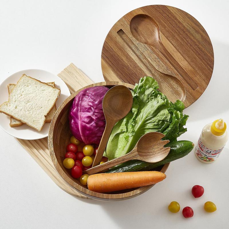 Acacia Wood Salad Bowl Set with Lid, 10.5" Large Serving Bowl, 4-Piece Set with Reversible Lid, Built-in Wooden Fork & Spoon fruit bowl Tableware