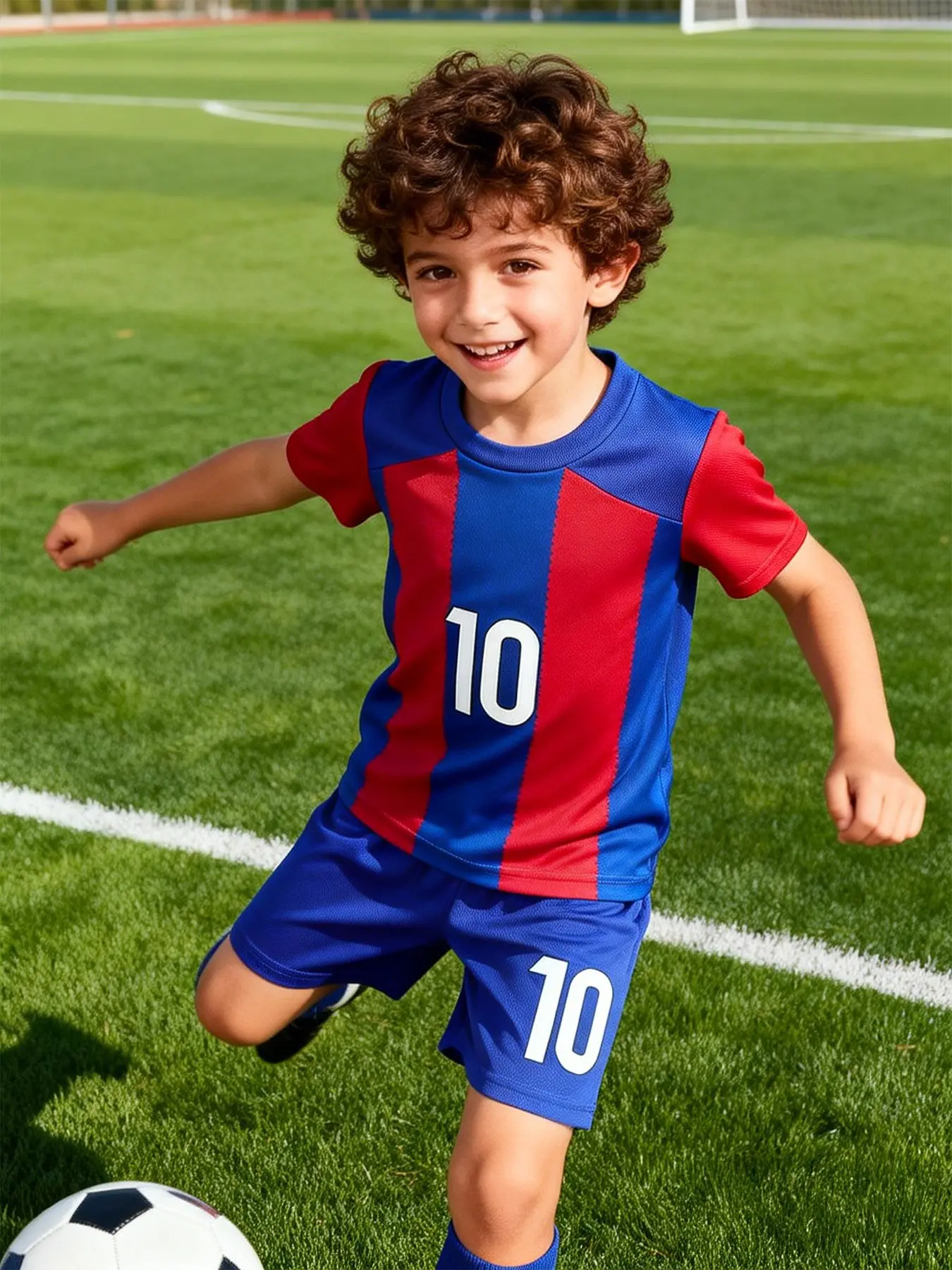 Boys' football sports suit, Football kits, Soccer Jersey, Sports clothing, featuring a red and blue contrasting stripe design with a 'No. 10' logo, suitable for football training and daily sports, breathable and with visual recognition