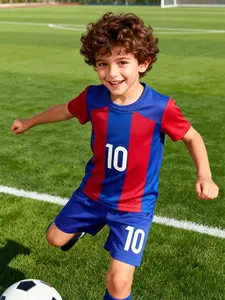 Boys' football sports suit, Football kits, Soccer Jersey, featuring a red and blue contrasting stripe design with a 'No. 10' logo Its style is suitable for football training and daily sports, and it has breathability and visual recognition