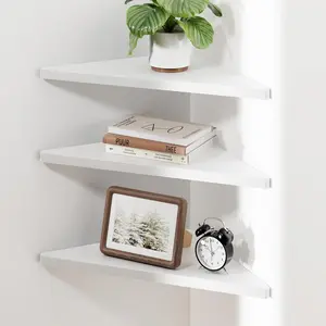 Corner Shelf Wall Mount, Engineered Wood Floating Corner Shelves with Cable Hole, Wall Mounted Storage Display for Bathroom, Bedroom, Living Room, Kitchen (12in, White, Triangle Shape)