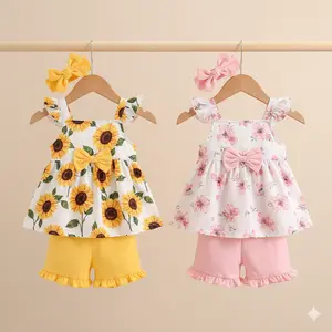 Baby Girls Clothing 3-Piece Summer Outfit - Toddler Girl Sunflower Print Ruffle Strap Top, Ruffle Shorts & Headband Set