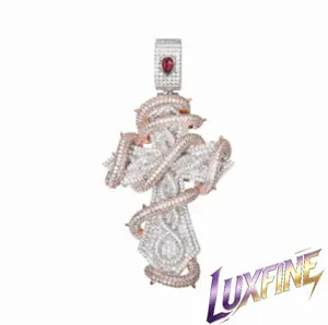 LUXFINE Iced Out Snake Wrapped Cross Pendant Necklace - Two-Tone Silver & Rose Gold with 5A Cubic Zirconia, Red Gemstone Accent, Hip Hop Jewelry for Men & Women