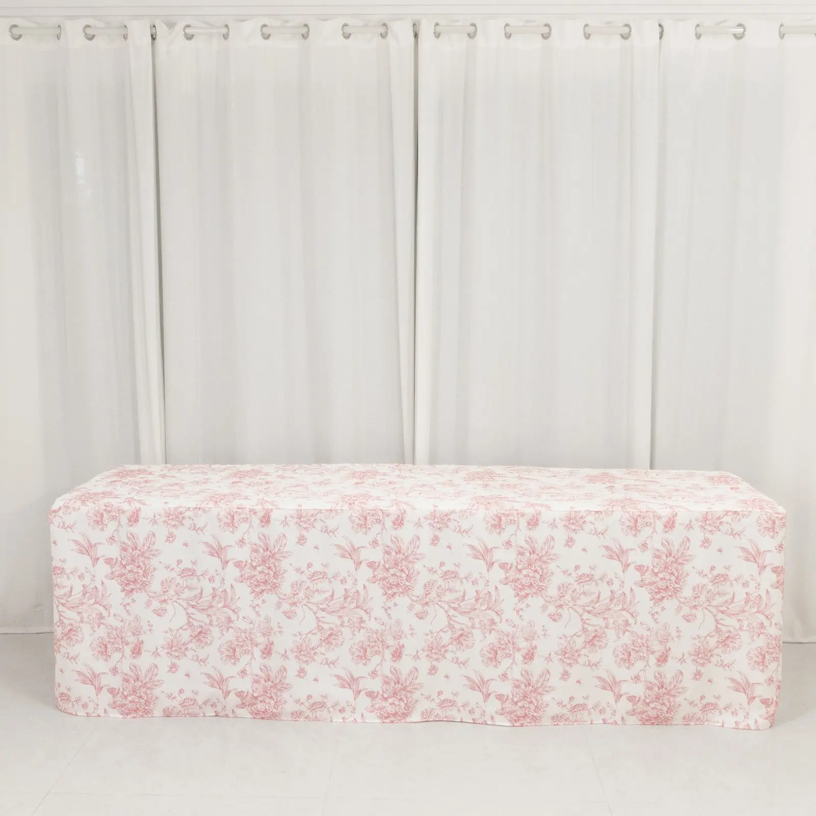 Pink & White French Toile Polyester Fitted Rectangle Tablecloth - 8ft, Wrinkle-Free, Machine Washable for Wedding & Outdoor Table Use