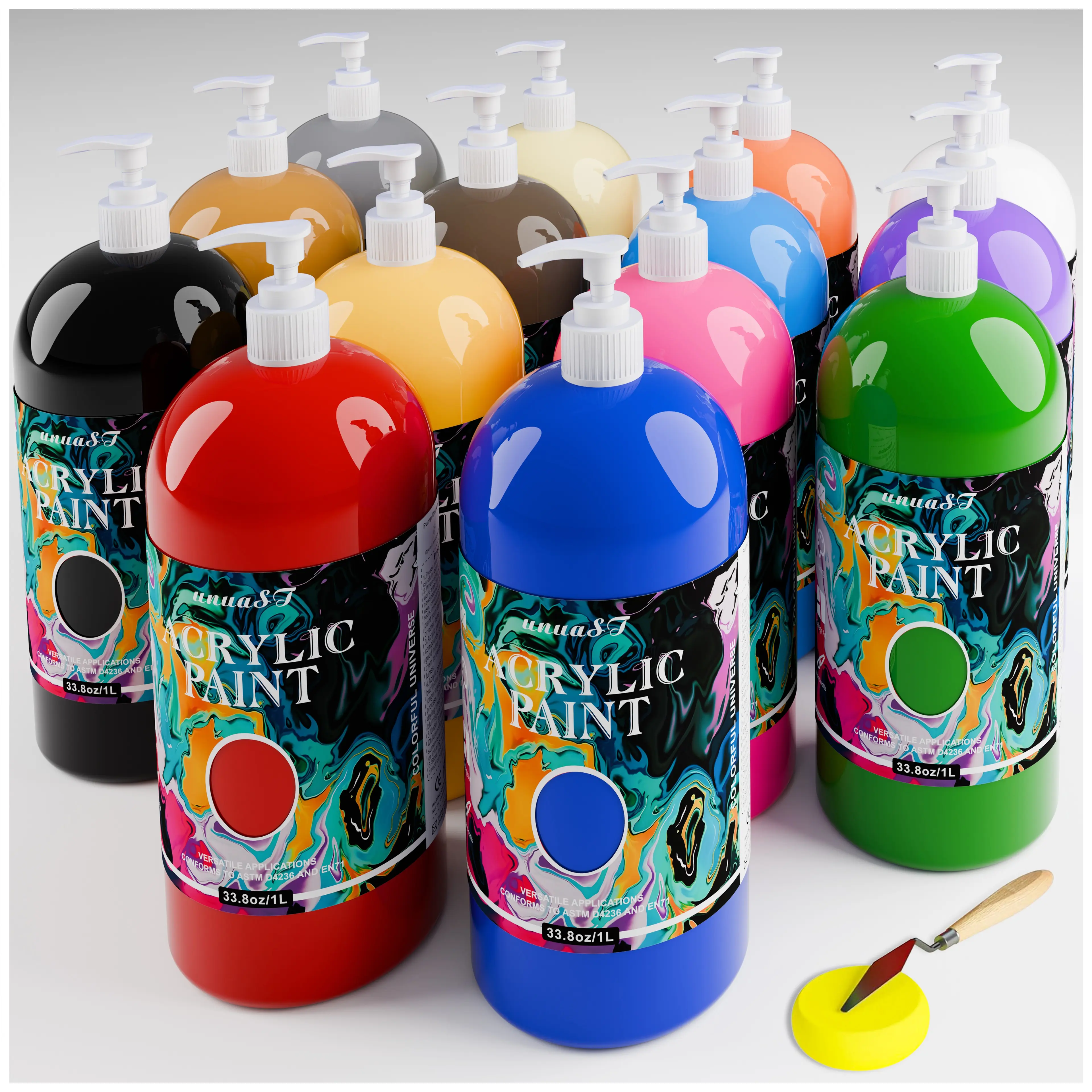 Acrylic Paint Sets for Adults 33.8oz/1000ml, 14 Color Large Bulk Acrylic Paints kits, 1/4 Gallon Rich Pigment Art Painting Supplies for Artists/Beginners, Acrylic Paint Sets for Canvas with Pump, Color Wheel