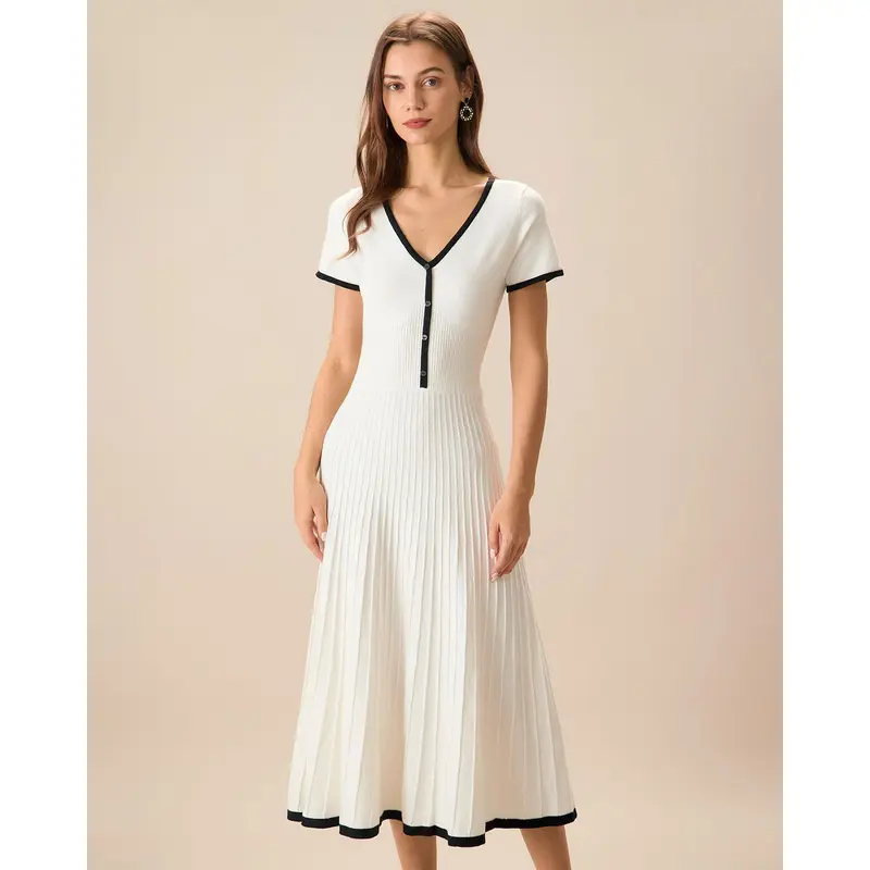 RIHOAS Women's Knit Fit A-Line Polyester-Nylon Blend Midi Dress - Contrast Polo Collar, Short-Sleeve, Button Detail, Warm Airy, Elegant Cover, Daily Wear, All-Season Ready-to-Wear, A-Line Midi Balances Ease and Polish, Neutral Fabric Casual Dress