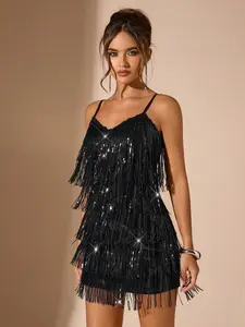 Sequin & Tassel Decor Spaghetti Strap Off Shoulder Sleeveless Solid Color Dress, Suitable For Beach, Party, Club, Date, Sequin Dress,Valentine's Day,Valentine Outfits For Women