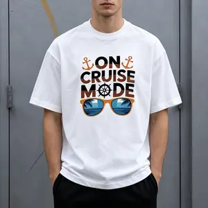 Men'S Cruise Mode Graphic T-Shirt - Black With Blue Anchor & Glasses Print, Summer Vacation Travel Tee, Casual Short Sleeve, Regular Fit, Perfect For Beach & Poolside, Vacation T Shirt