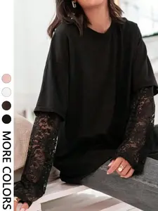 2026 Women's Casual Lace Patchwork Oversized T-Shirt Solid Long Sleeve Crew Neck Fake Two-Piece Design Lightweight Soft Stretchy Vintage Daily Streetwear Music Festivals Back to School