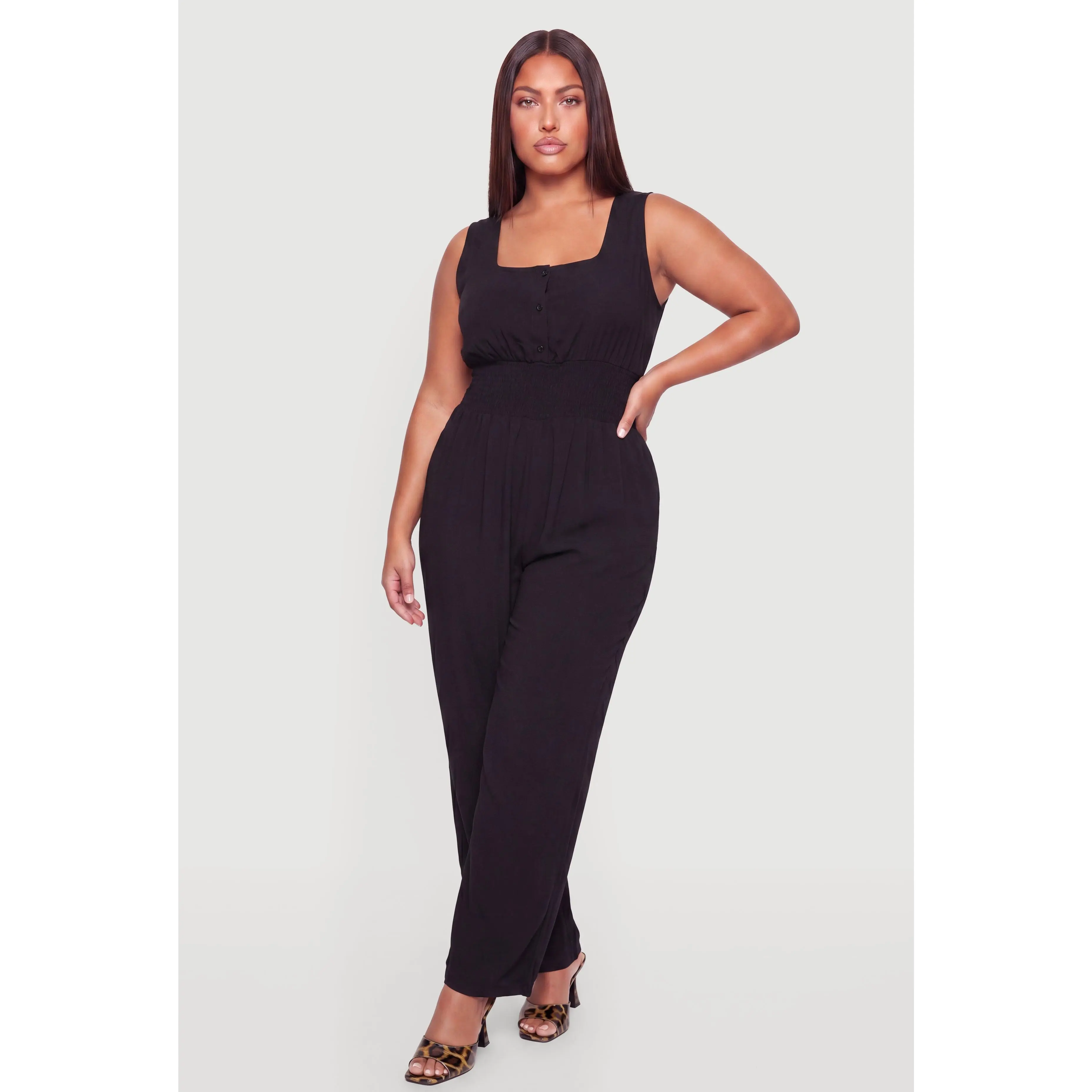 Plus Size Half Button Smocked Waist Jumpsuit