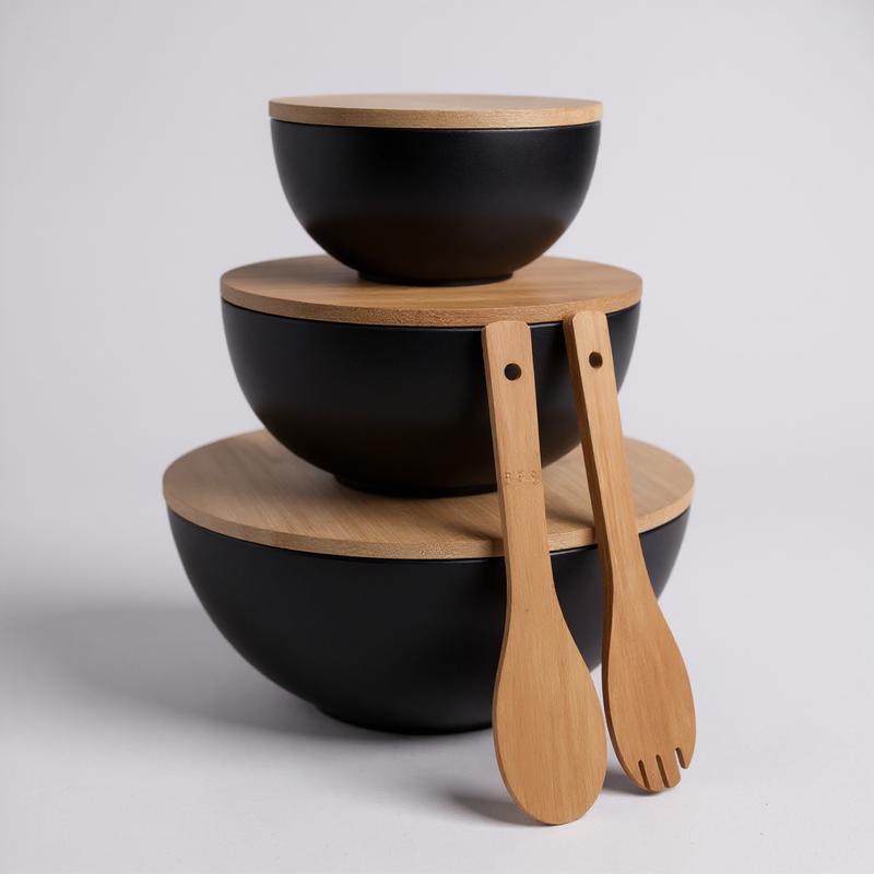 LovaHome Bamboo Serving Bowl Set with Cutting Board Lids 3 Bowls Utensils Eco Friendly Nesting Bowls for Salads Fruit Chips Dip Popcorn Veggies Sides