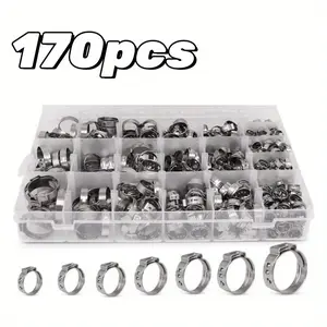 170 Pcs Single Ear Hose Clamp, 11 Sizes 1/4-1 Inch Constant Tension Crimp Stepless Cinch Rings Crimp Assortment Kit for Tubing Pipe Fitting Connection Water Pipe, Plumbing and Automotive Use cable zip ties clip stainless steel cable tie
