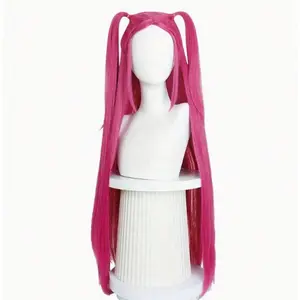 Halloween Fashion Charms Women's Megastars Cosplay Wigs, Glueless Synthetic Heat Resistant Wigs, Extra Long Red Straight Hair With 2 Ponytails & Ultra-Long Purple Fake Hair With Detachable Clip On Plait Braided & Short Black Straight Hair With Double Buns