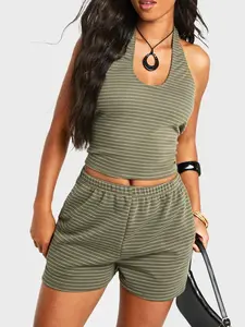 Women's Fashion Striped Backless Halter Sleeveless Casual Set, Short Top & Shorts, Stylish Summer Wear, Comfortable Daily Look, Womenswear, Clothes