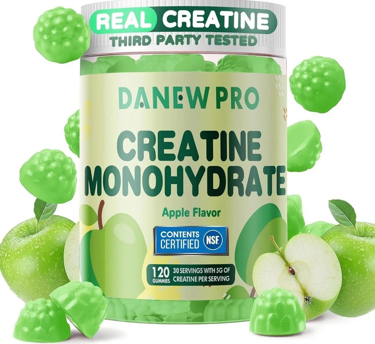 NSF Certified Creatine Gummy 5g - Creatine Monohydrate Gummies for Men & Women, Creatine Monohydrate for Muscle Strength, Muscle Builder, Energy Boost, Pre-Workout Supplement(120 Count)-Apple