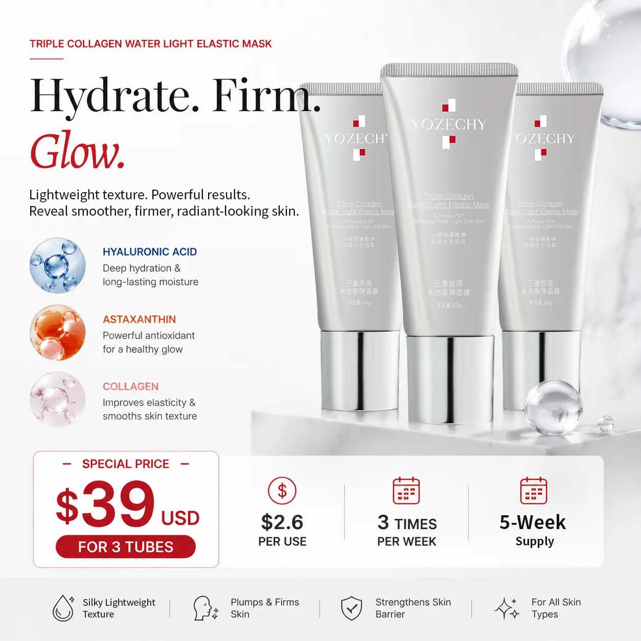 YOZECHY Triple Collagen Mask - 300–500 Dalton peptides for deep absorption, hydrates, fights aging, brightens, and smooths. Triple Elastin + Hexapeptide Complex — instantly reveals radiant, youthful skin.
