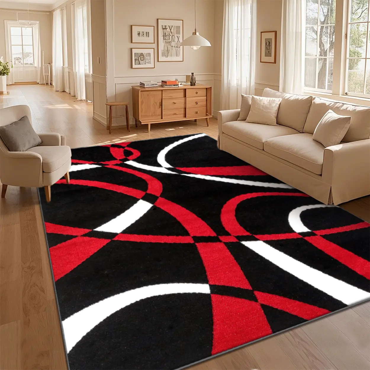 Decorative Area Rug - Soft Red Black White Swirl Pattern Non-Slip Washable Round Living Room Rug, Local Delivery, Multiple Sizes (32*48In, 40*64In), Living Room Rugs