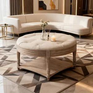 Large Round Waterproof Ottoman Coffee Table 2 Tier Oversized Button Tufted Ottoman with Wooden Shelf Storage Farmhouse Upholstered Coffee Table Living Room Footstool Ottoman Linen