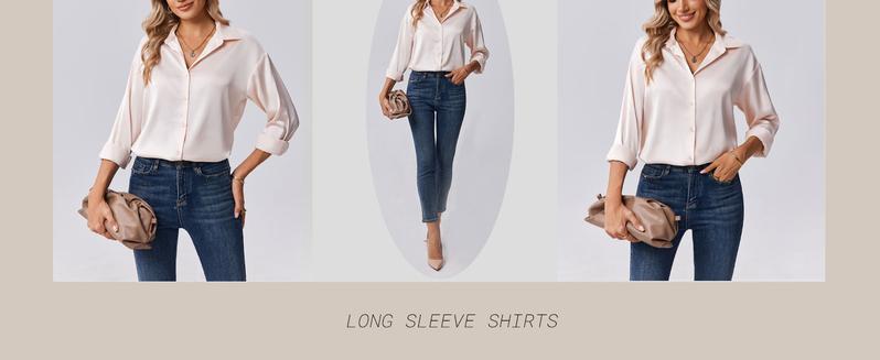Womens Blouse Satin Silk Shirts Button Down Shirts Casual Loose Long Sleeve Office Work Tunic Tops