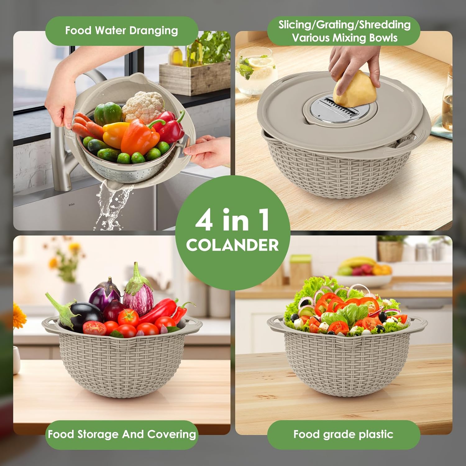 4-1 Multifunctional Kitchen Colander Bowl Set - Includes Kitchen Fruit and Vegetable Cleaner, Food Strainers, and Utensils (Beige)