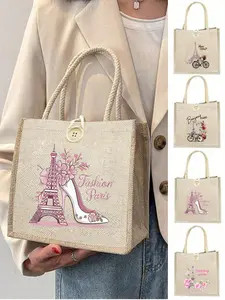 Linen Paris Eiffel Tower Print Handbag, Large Capacity Tote Bag, Portable Casual Storage Bag, Multifunctional Shopping Bag
