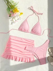 Women's 3-Piece Sexy Halter Swimwear Set - Casual Triangle Bikini Top, High-Cut Swim Thong, Ruffle Hem Cover-Up Skirt for Beach Holiday Vacation