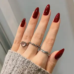 30pcs Elegant Oval Wine Tip Nails, Reusable Fake Nails with Jelly Glue, Perfect for Work and Parties, No Adhesive Needed, Removable False Nails