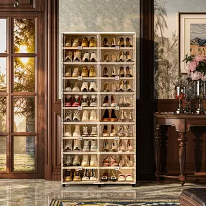 Organizer Large Shoe Storage Cabinet Foldable Collapsible Design Dust Free Portable Shoe Organizer Enclosed Shoe Storage with Clear Stackable Boxes for Entryway VerticalStorage TallShoe Cabinet with Doors Organizador de Zapatos ShoeRack 10 Layers-40 Grids