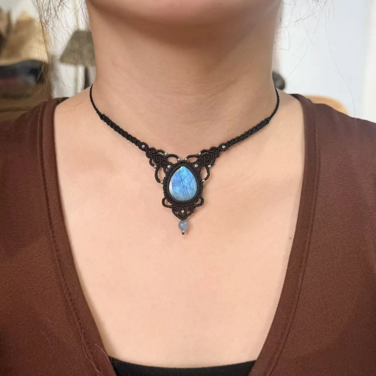 Labradorite Necklace Macrame Handcrafted Unique Gift Boho Ethnic Minimalist Jewelry Stone of Magic Made to Order